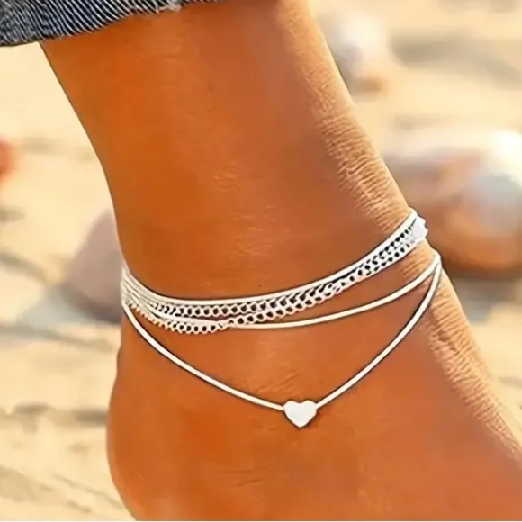 Layered Wrap Around Heart Anklet Silver Tone White NEW - Picture 1 of 8